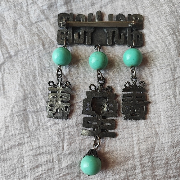 Asian Inspired Ethnic Faux Green Turquoise Metal Buddha Brooch Pewter Tone EUC - Picture 3 of 9